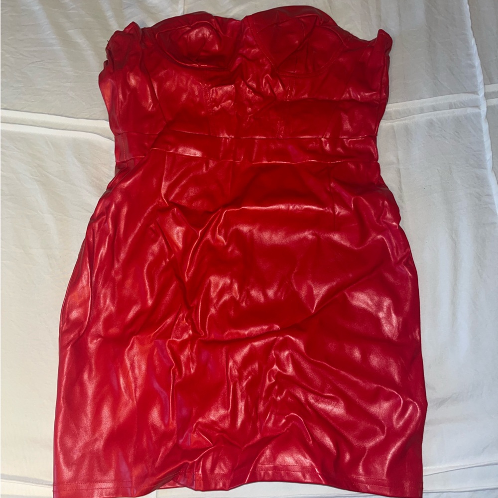 Leather red mini dress
